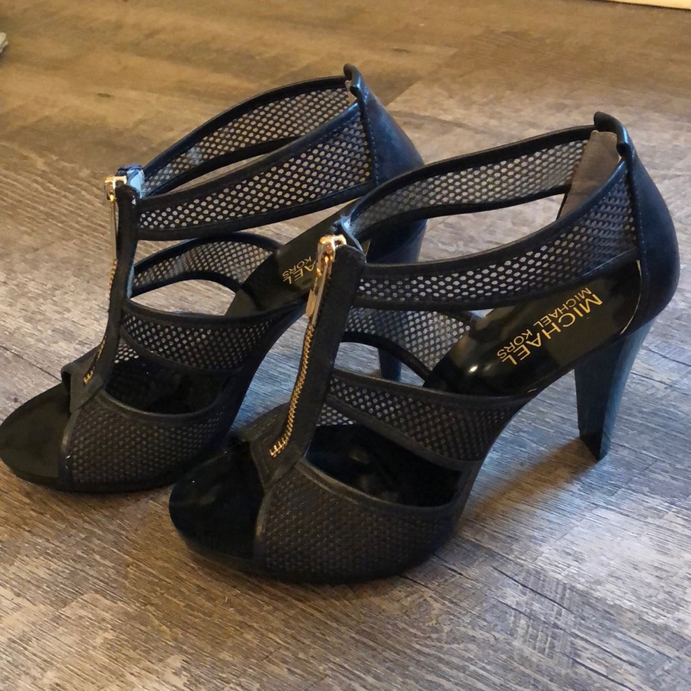 KORS Michael Kors Black Mesh T-Strap High Heels with Gold Zipper
